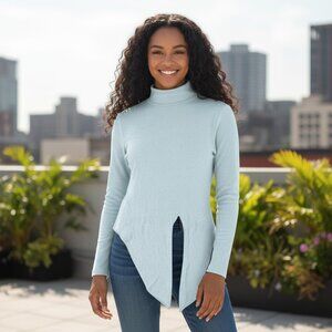 NEW Kinross Sweater Womens Medium Blue Aqua Cashmere Mock Roll Neck Pullover